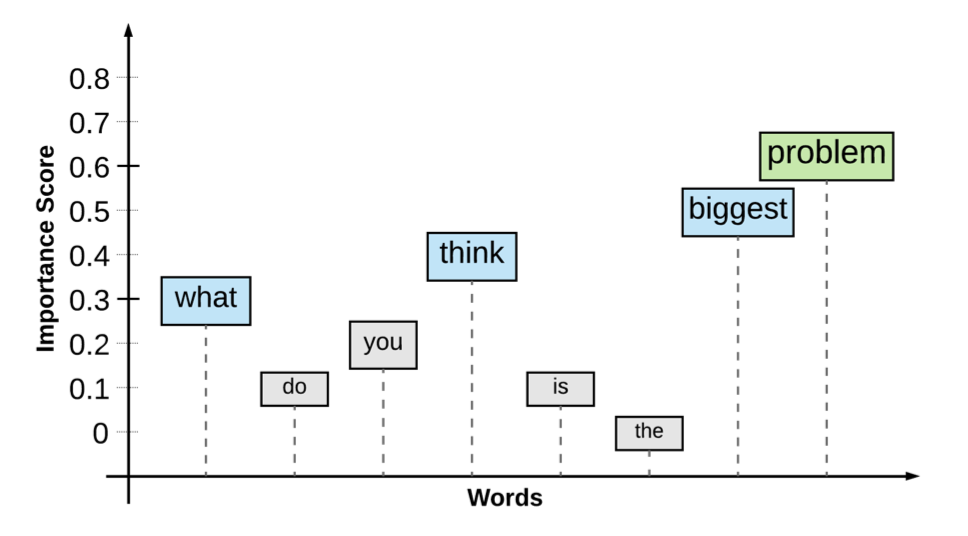 Image showing a sentence, what do you think is the biggest problem, with importance annotation for each word. Words like, biggest and problem, received high importance.